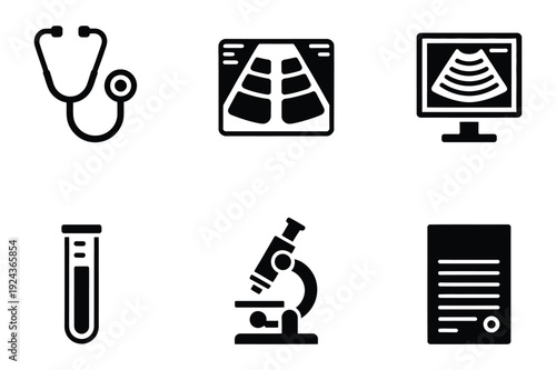 Medical Icons: Stethoscope, X-ray, Ultrasound, Microscope, Lab