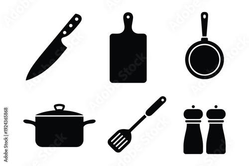 Kitchen Utensil Icons: Knife, Cutting Board, Frying Pan, Pot