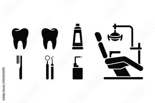 Dental Icons: Teeth, Toothbrush, Chair, Tools, Toothpaste