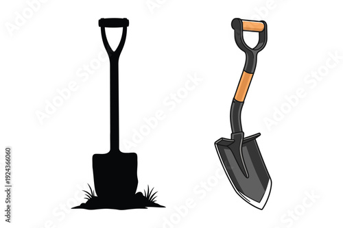 Silhouette shovel and modern shovel with orange handle