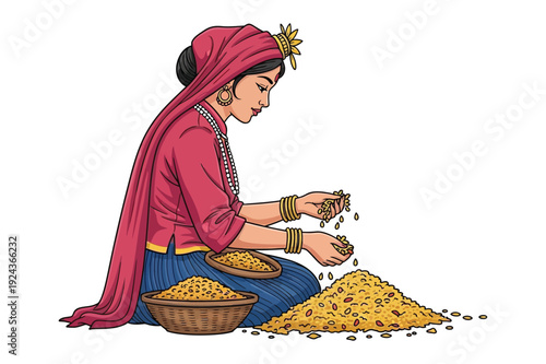 Woman Sorting Grains, Traditional Farming Harvest Activity