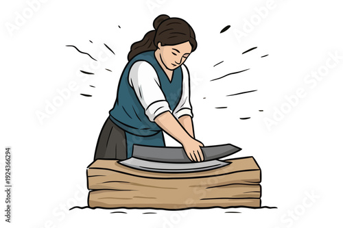 Woman sharpening knife on whetstone, tool maintenance and crafting