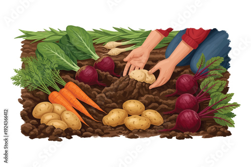 Hands harvesting fresh potatoes and beets from garden soil