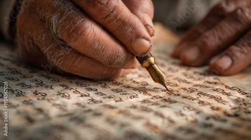 Elderly male hand writing with fountain pen on ancient script