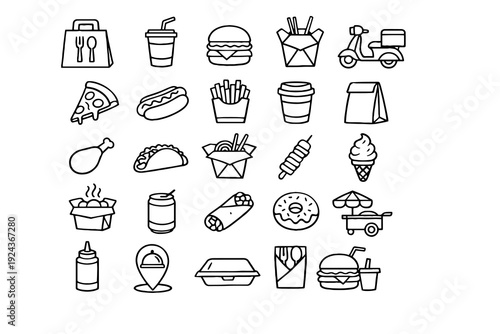 Fast Food and Takeaway Line Icons Set – Street Food Outline Vector Collection