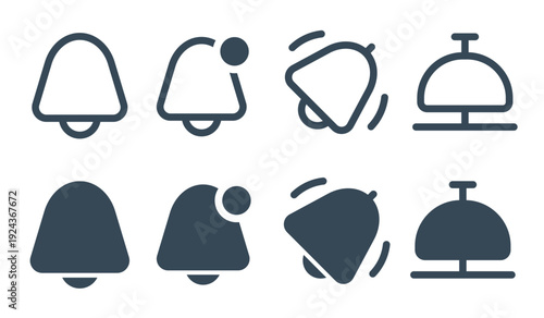 Notification Bell Icon Set, Ringing Alarm Symbol, Alert and Reminder Sign, Outline and Solid Vector Collection