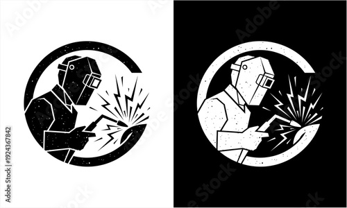 Welder at work in a circular emblem, showcasing industrial craftsmanship and sparks.