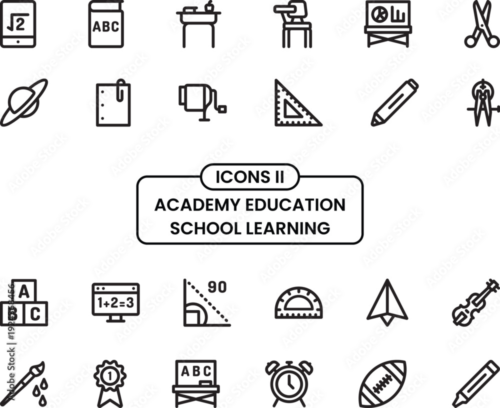 Fototapeta premium Academy Education School Learning Icon Set in 2D Flat Design Style, Modern Collection of Academic Symbols and Study Elements for E Learning, Classroom, Online Courses and Educational Projects