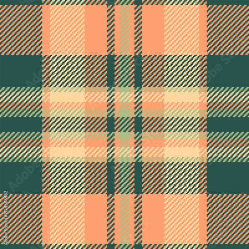 Aesthetic fabric check texture, bandanna tartan background plaid. Interior textile vector pattern seamless in orange and teal colors.