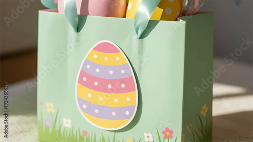 Festive easter gift bag with colorful eggs and flowers design on green background