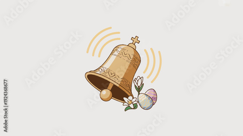 Golden bell with flower and sound waves on gray background