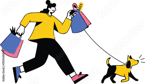 Woman running with dog on leash and shopping bags