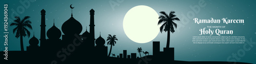 Night scene featuring a silhouette of a grand mosque, tall palm trees, and camels in a desert landscape under a luminous full moon and a starry teal sky, celebrating Ramadan Kareem and the Holy Quran.