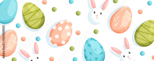 Easter banner. Horizontal pattern with Easter eggs and cute bunnies. Minimalism. Editable template.