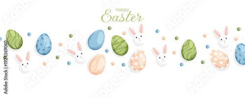 Easter banner. Horizontal template with Easter eggs and cute bunnies. Editable template for messages, sales, social media posts, and more.