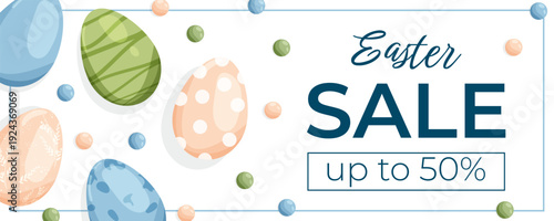 Easter sale banner. Horizontal template with Easter eggs and cute bunnies. Editable template for announcements, sales, and social media posts.