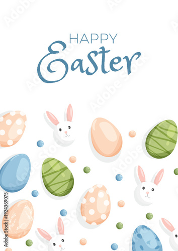 Editable Easter vertical template with Easter eggs and cute bunnies. This editable template is perfect for messages, sales, invitations, and social media posts.