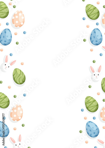 A vertical template with Easter eggs and cute bunnies. Editable template for messages, sales, invitations, and social media posts.