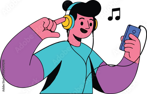 Cartoon person listening to music with headphones and phone