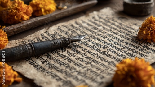 Ancient sanskrit manuscript with traditional quill and marigold flowers