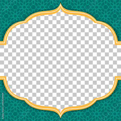 Ornate golden frame with transparent center on a teal Islamic geometric pattern background.