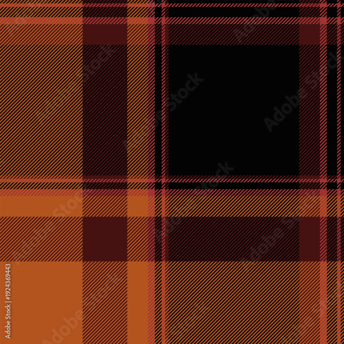 November check plaid tartan, pyjamas texture fabric vector. Curve pattern textile seamless background in black and orange colors.