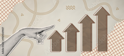 Halftone collage featuring vintage pointing hand and rising arrows symbolizing business growth financial success progress and upward trend in modern abstract design