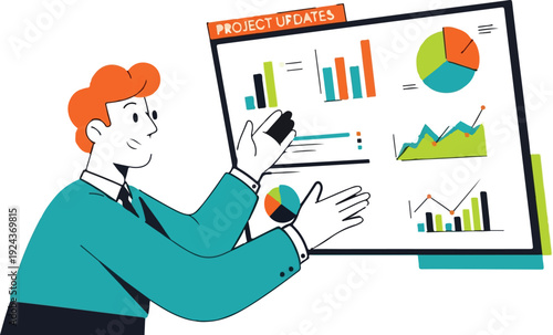 Businessman presenting project updates with charts and graphs