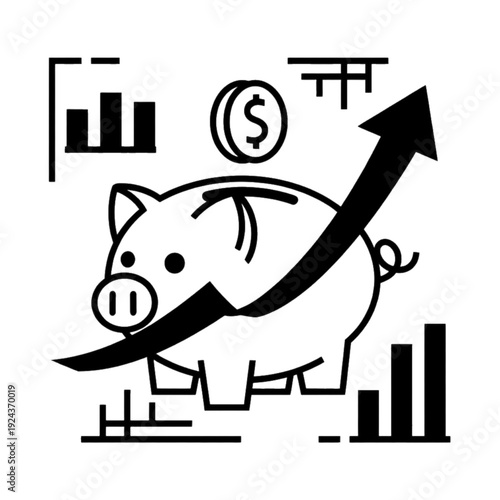 A piggy bank and graph illustration visually represents financial growth, savings, and investment concepts. The piggy bank symbolizes personal finance, frugality, and wealth accumulation,