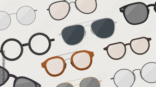 Different glasses on a white background showcase variety, style, and functionality in eyewear. The collection may include sunglasses, reading glasses, safety glasses,