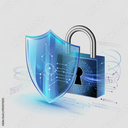 A security lock on a blue and white background represents safety, privacy, and digital protection in a clean and professional visual style.