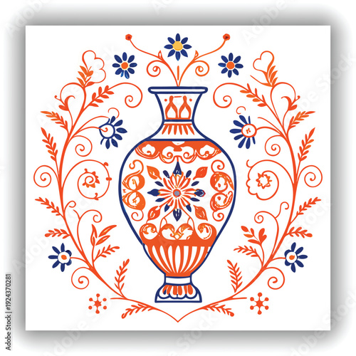 A detailed, ornate ceramic vase is the central subject, positioned in the middle of the frame against a transparent background. The vase has a bulbous body that tapers to a narrow neck and flared rim.