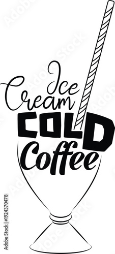 Stylized graphic illustration of a tall glass filled with cold coffee and ice cream featuring a striped svg 