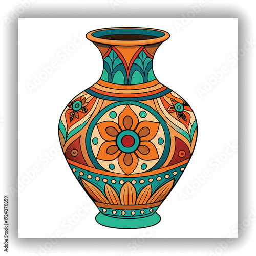 A detailed, ornate ceramic vase is the central subject, positioned in the middle of the frame against a transparent background. The vase has a bulbous body that tapers to a narrow neck and flared rim.