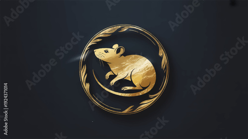 Golden emblem featuring an elephant inside a circular wreath on black background