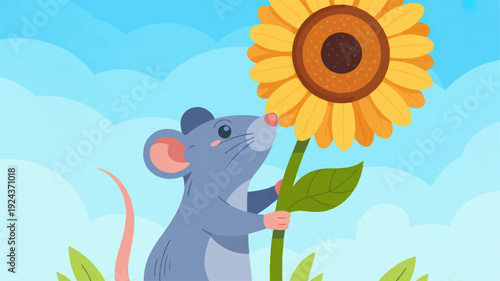 A curious gray mouse smelling a large bright yellow sunflower in a field