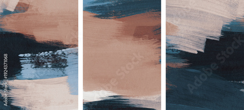 Three artist-made paintings. Contemporary art. Versatile artistic image for creative design projects: posters, banners, websites, brochures, covers, cards, prints, wallpapers. Acrylic on canvas.