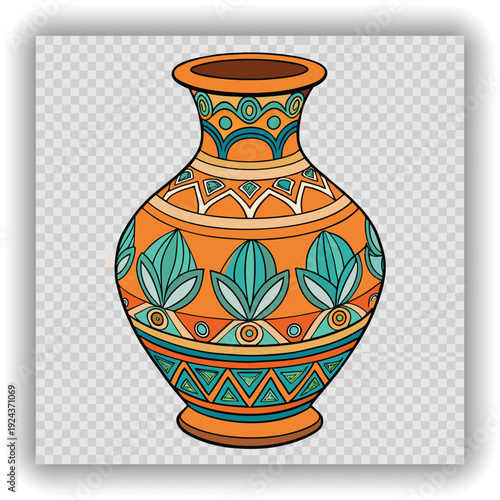 A detailed, ornate ceramic vase is the central subject, positioned in the middle of the frame against a transparent background. The vase has a bulbous body that tapers to a narrow neck and flared rim.