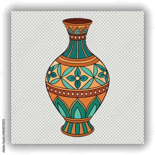 A detailed, ornate ceramic vase is the central subject, positioned in the middle of the frame against a transparent background. The vase has a bulbous body that tapers to a narrow neck and flared rim.