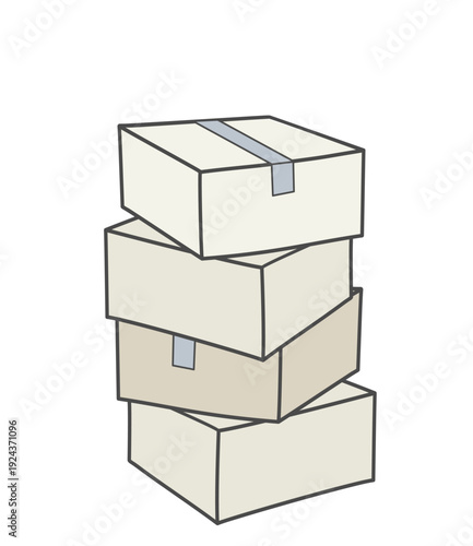 Uneven stack of four cardboard boxes sealed with tape.