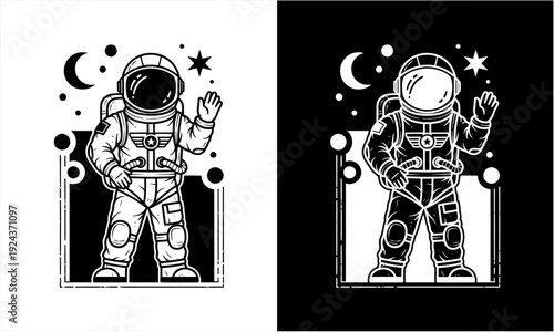 Astronaut in space suit waving hand in retro monochrome illustration.