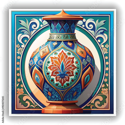 A detailed, ornate ceramic vase is the central subject, positioned in the middle of the frame against a transparent background. The vase has a bulbous body that tapers to a narrow neck and flared rim.