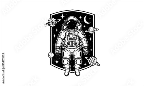 Astronaut in Space with Planets and Stars Vector Illustration.