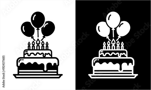 Birthday cake with candles and balloons, celebrating a special occasion.