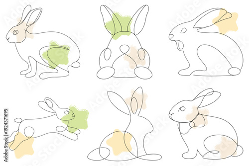 Minimalist Easter Bunny Collection: Delicate Line Art with Watercolor Strokes for Spring Celebrations and Festive Designs