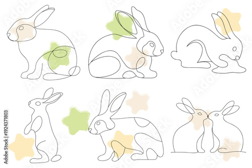 Minimalist Easter Bunny Line Art Collection with Spring Floral Elements - Delicate Strokes and Modern Design for Seasonal Celebrations