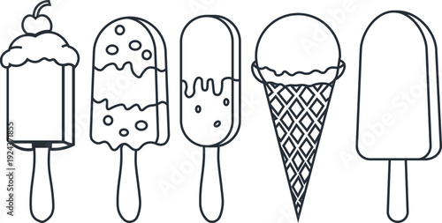 A simple black and white line drawing depicts five different types of frozen desserts on sticks high quality professional detailed modern