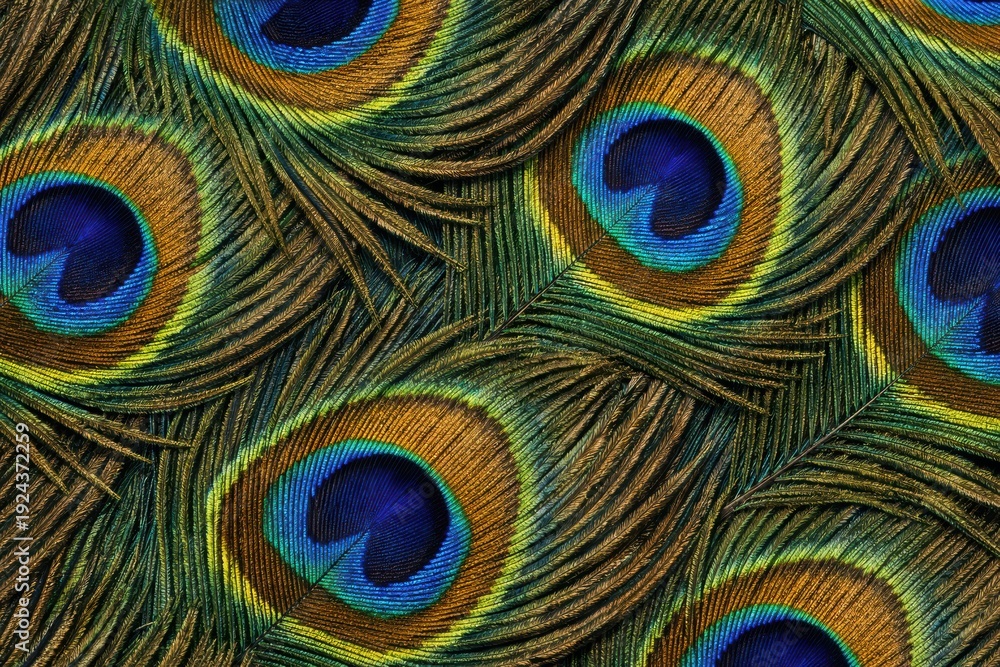 Obraz premium Peacock Feather Texture Seamless Pattern. Close-up peacock plumage detail. Exotic bird feather surface design. Realistic peacock feather texture background. Detailed vibrant feather macro close-up. Co