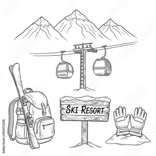 A black and white line drawing of a ski resort with a backpack, skis, ski lift, and sign