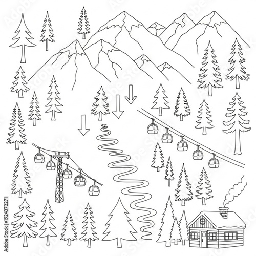 A black and white line drawing of a ski resort with a cabin, chairlift, and mountains